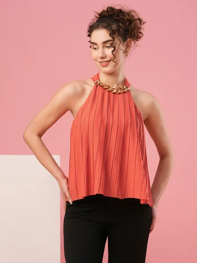 globus Women Rust Halter Neck Accordion Pleats Crepe Top