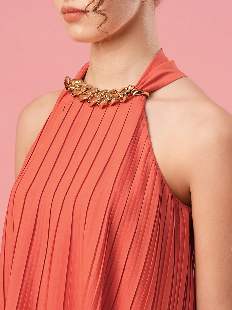 globus Women Rust Halter Neck Accordion Pleats Crepe Top