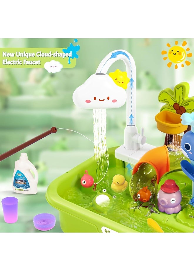 حوض ألعاب للأطفال، حوض ألعاب بمياه جارية، حوض ألعاب متغير اللون مع صنبور كهربائي مطور ومضخة مياه، حوض مطبخ تظاهري ولعبة مياه صيفية للأولاد والبنات، أخضر - Image 2