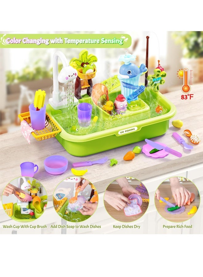 حوض ألعاب للأطفال، حوض ألعاب بمياه جارية، حوض ألعاب متغير اللون مع صنبور كهربائي مطور ومضخة مياه، حوض مطبخ تظاهري ولعبة مياه صيفية للأولاد والبنات، أخضر - Image 3