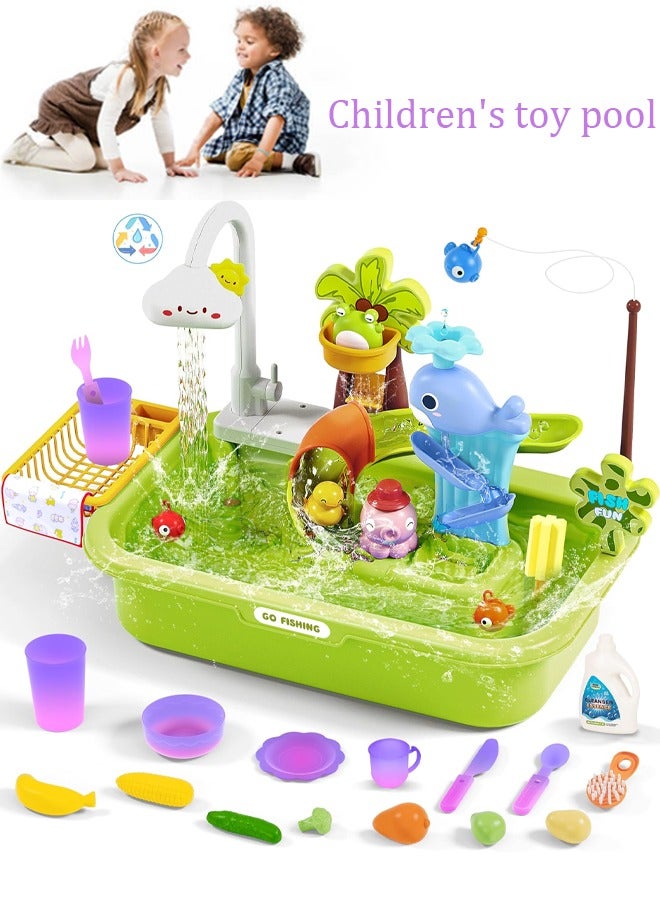حوض ألعاب للأطفال، حوض ألعاب بمياه جارية، حوض ألعاب متغير اللون مع صنبور كهربائي مطور ومضخة مياه، حوض مطبخ تظاهري ولعبة مياه صيفية للأولاد والبنات، أخضر - Image 1