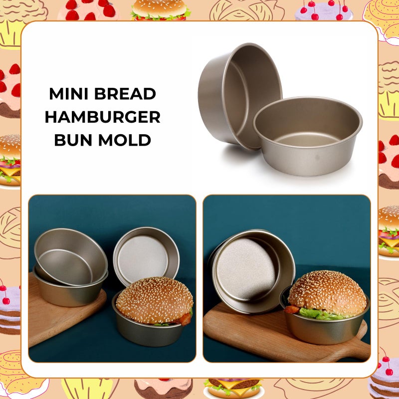 beyonday 4pcs Mini Bread Hamburger Bun Molds, 4 inch Round Carbon Steel Bread Cake Trays Non-stick Muffin Cheesecake Baking Mold for Birthday Party Wedding Anniversary Kitchen Bakeware - Image 2