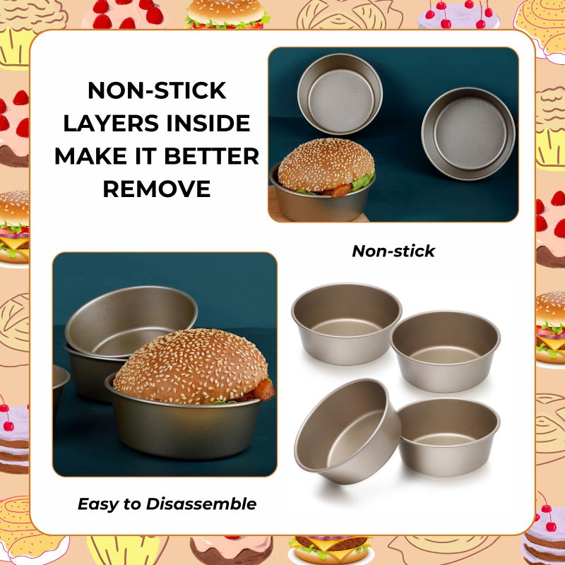 beyonday 4pcs Mini Bread Hamburger Bun Molds, 4 inch Round Carbon Steel Bread Cake Trays Non-stick Muffin Cheesecake Baking Mold for Birthday Party Wedding Anniversary Kitchen Bakeware - Image 5