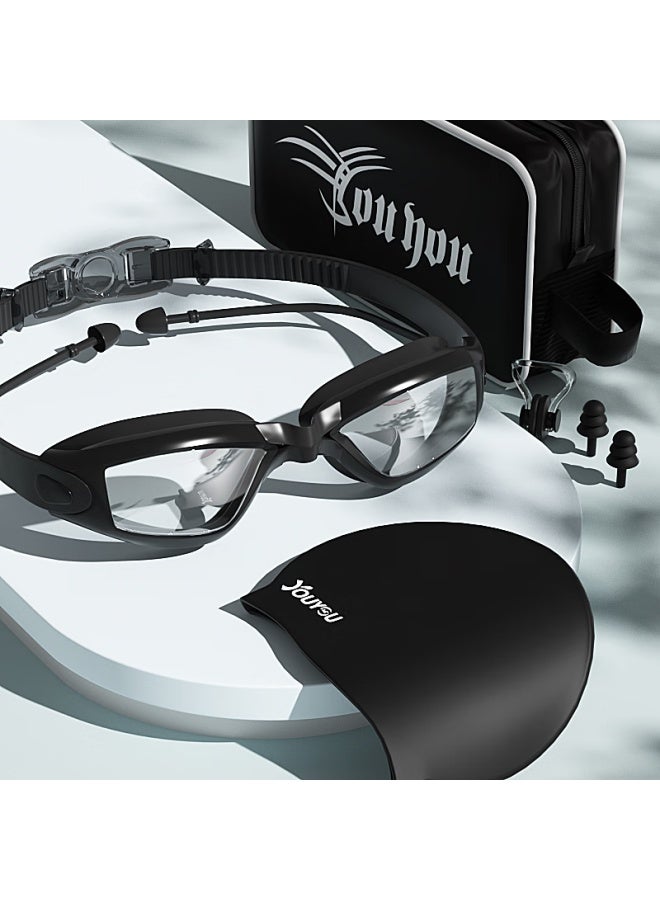 YouYou Yoyou Swimming Goggles And Swim Cap High Definition Anti-Fog Waterproof Earplugs Nose Clip Goggles Five-Piece Set Z6615 Transparent Black Plain Lens - Image 1