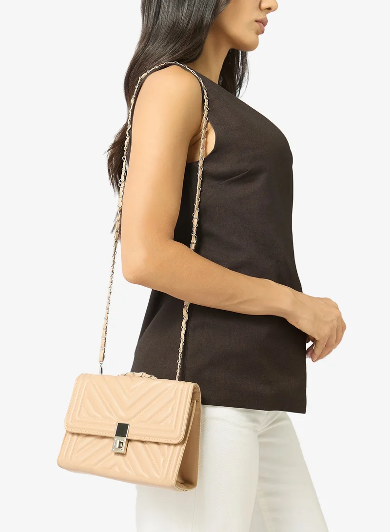 Ella Beige Quilted Crossbody With Silver Accent