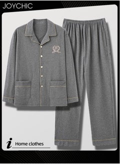Classic Men's Bedroom Pajamas Set Pure Cotton Warm Windproof Long-sleeved Cardigan Home Wear Youth Lapel Sleepwear for Spring Autumn Winter Grey