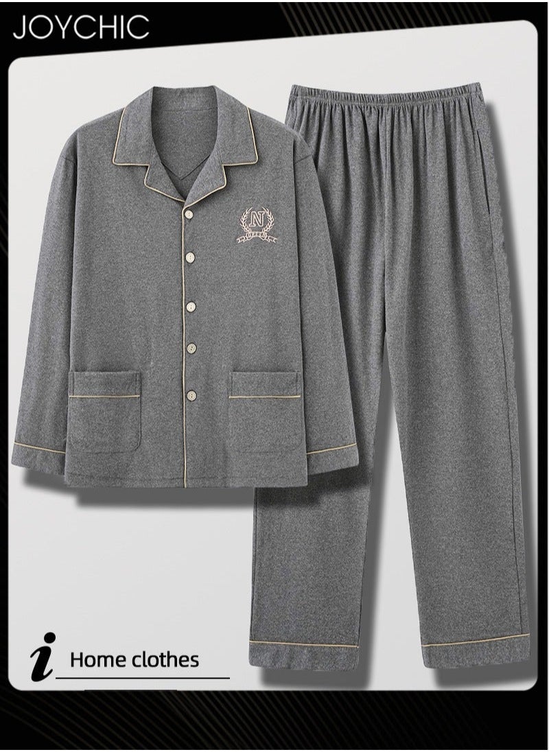 NIBEMINENT - Classic Men's Bedroom Pajamas Set Pure Cotton Warm Windproof Long-sleeved Cardigan Home Wear Youth Lapel Sleepwear for Spring Autumn Winter Grey - Image 1