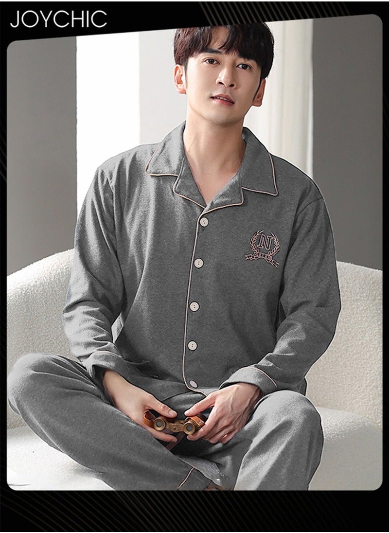 NIBEMINENT - Classic Men's Bedroom Pajamas Set Pure Cotton Warm Windproof Long-sleeved Cardigan Home Wear Youth Lapel Sleepwear for Spring Autumn Winter Grey - Image 1