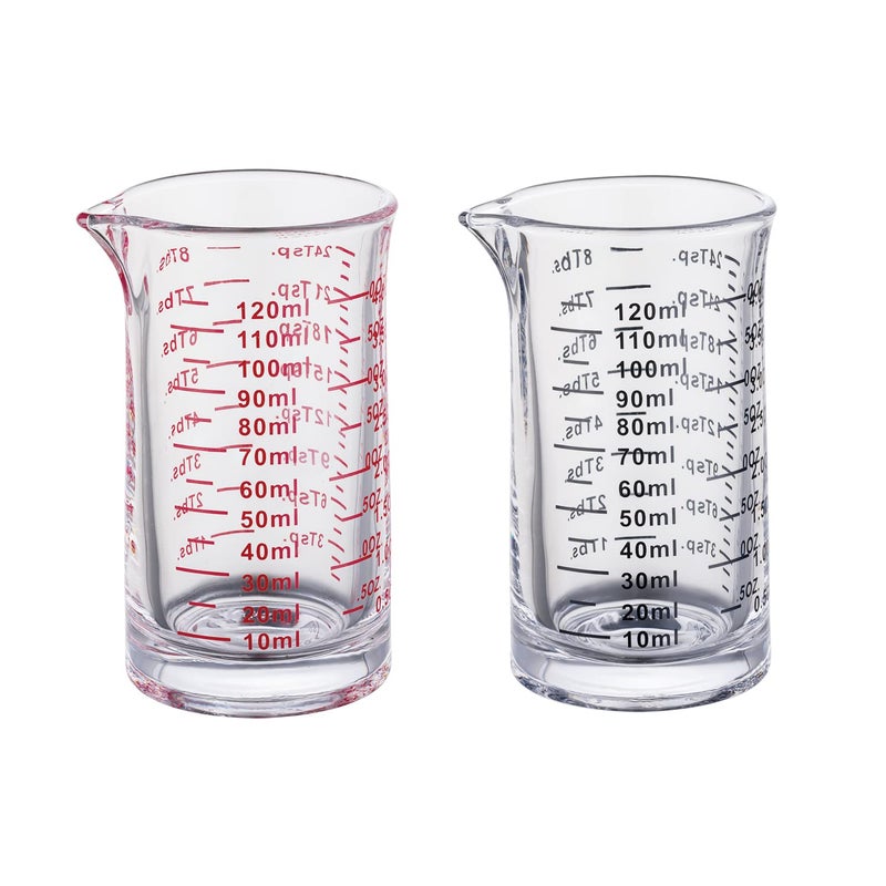 Ackers BORO3.3 Ackers Shot Glass Measuring Cup 4 Ounce120ML Liquid Heavy High Espresso Glass Cup 2PackVShaped SpoutBlack and Red 