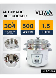 VLTAVA Stainless Steel Rice Cooker 1.5Ltr, Automatic Cooking, Cool Touch Body, One Touch Button, 500W / VLRC3066 White  - Image 3