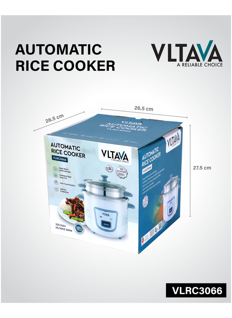 VLTAVA - Stainless Steel Rice Cooker 1.5Ltr, Automatic Cooking, Cool Touch Body, One Touch Button, 500W / VLRC3066 White - Image 1
