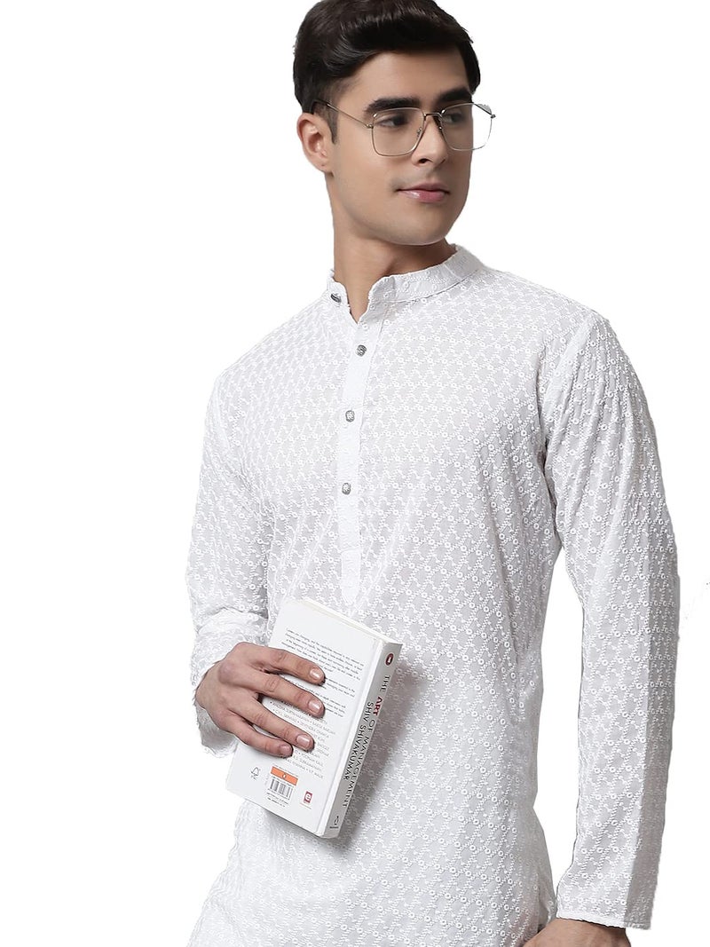 Jompers Men White Embroidered Kurta with Churidar (White, L) - Image 1