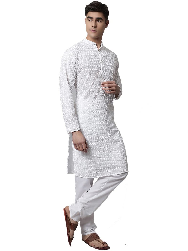 Jompers Men White Embroidered Kurta with Churidar (White, L) - Image 3