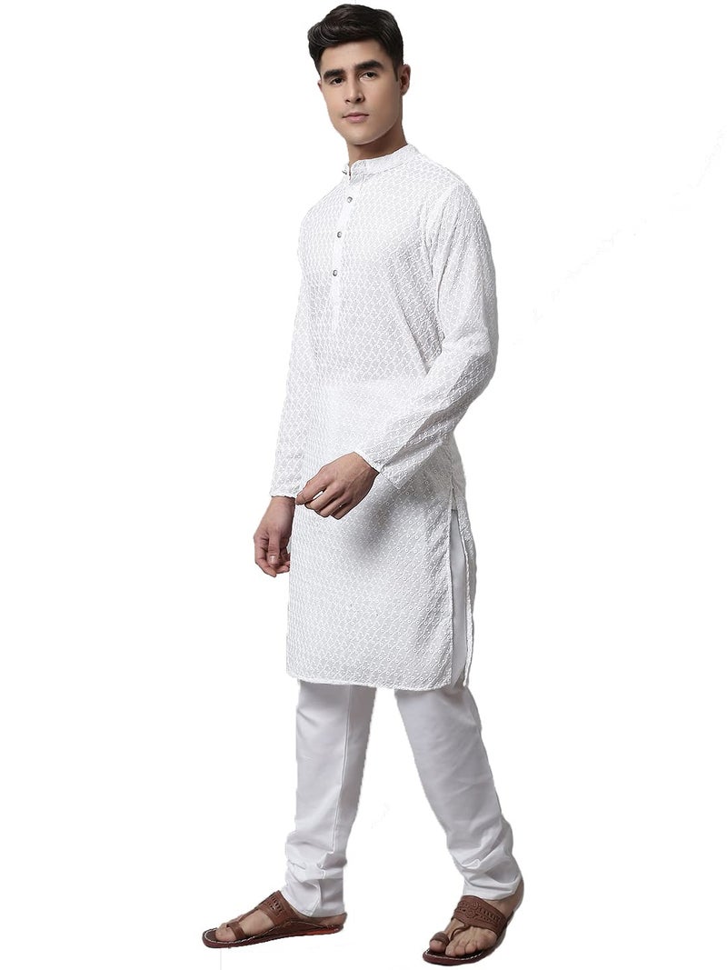 Jompers Men White Embroidered Kurta with Churidar (White, L) - Image 4