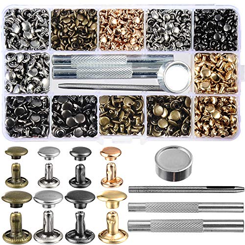 YORANYO 640 Sets Mixed Color Leather Rivets Kit Mixed Size Double Cap Rivets Garment Rivets with Rivet Press Setter Tool for Leather Craft Clothing Shoes Belts Bags Rivets 4 Color 2 Sizes - Image 1
