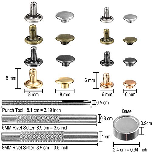 YORANYO 640 Sets Mixed Color Leather Rivets Kit Mixed Size Double Cap Rivets Garment Rivets with Rivet Press Setter Tool for Leather Craft Clothing Shoes Belts Bags Rivets 4 Color 2 Sizes - Image 2