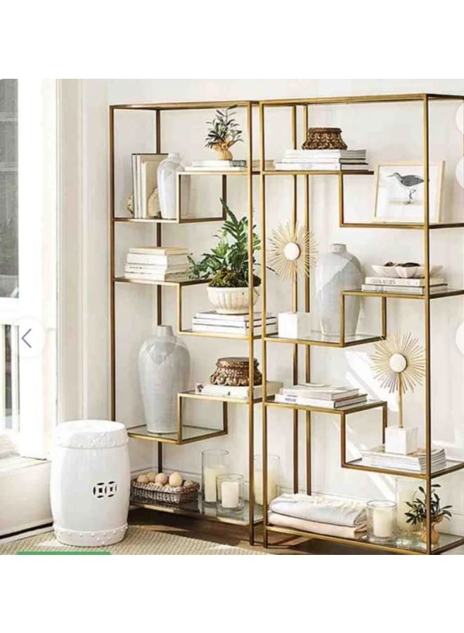 Mobellya Grand Geometric Gold Painted Metal Staggered Double Shelf - Fully Assembled - 200x200x30cm - Image 1