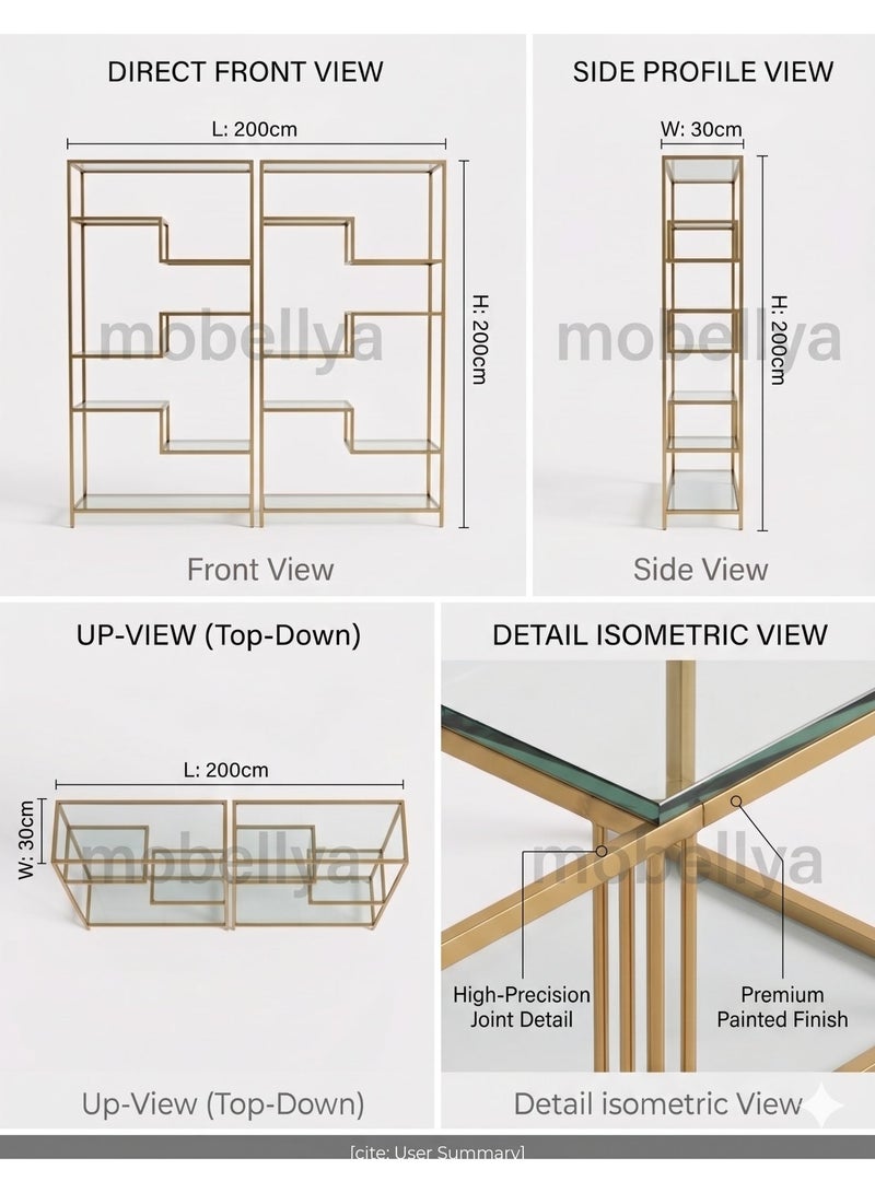 Mobellya Grand Geometric Gold Painted Metal Staggered Double Shelf - Fully Assembled - 200x200x30cm - Image 2