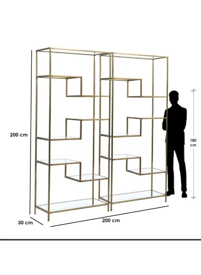 Mobellya Grand Geometric Gold Painted Metal Staggered Double Shelf - Fully Assembled - 200x200x30cm - Image 3