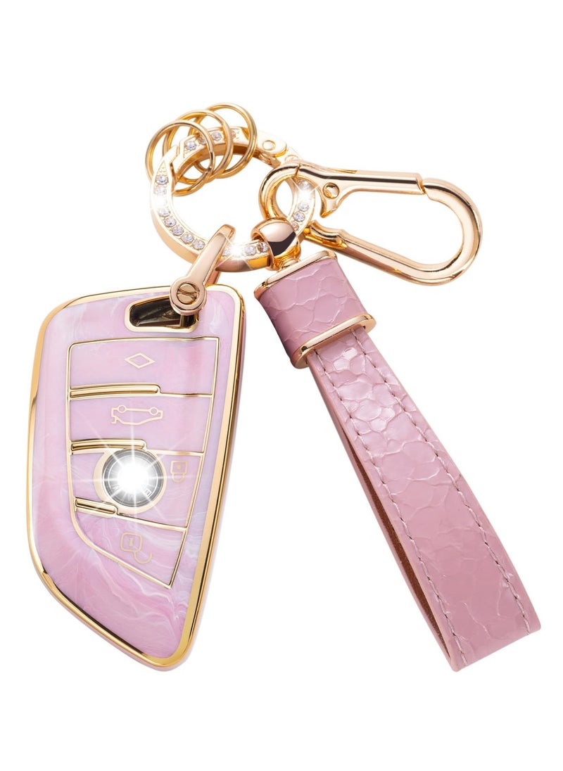 Cover for BMW Key Fob with Keychain Lanyard, Pink Protective Shell, Compatible with BMW 2, 3, 5, 6, 7, X1, X2, X3, X4, X5, X6 Series - Durable Key Protector Case
