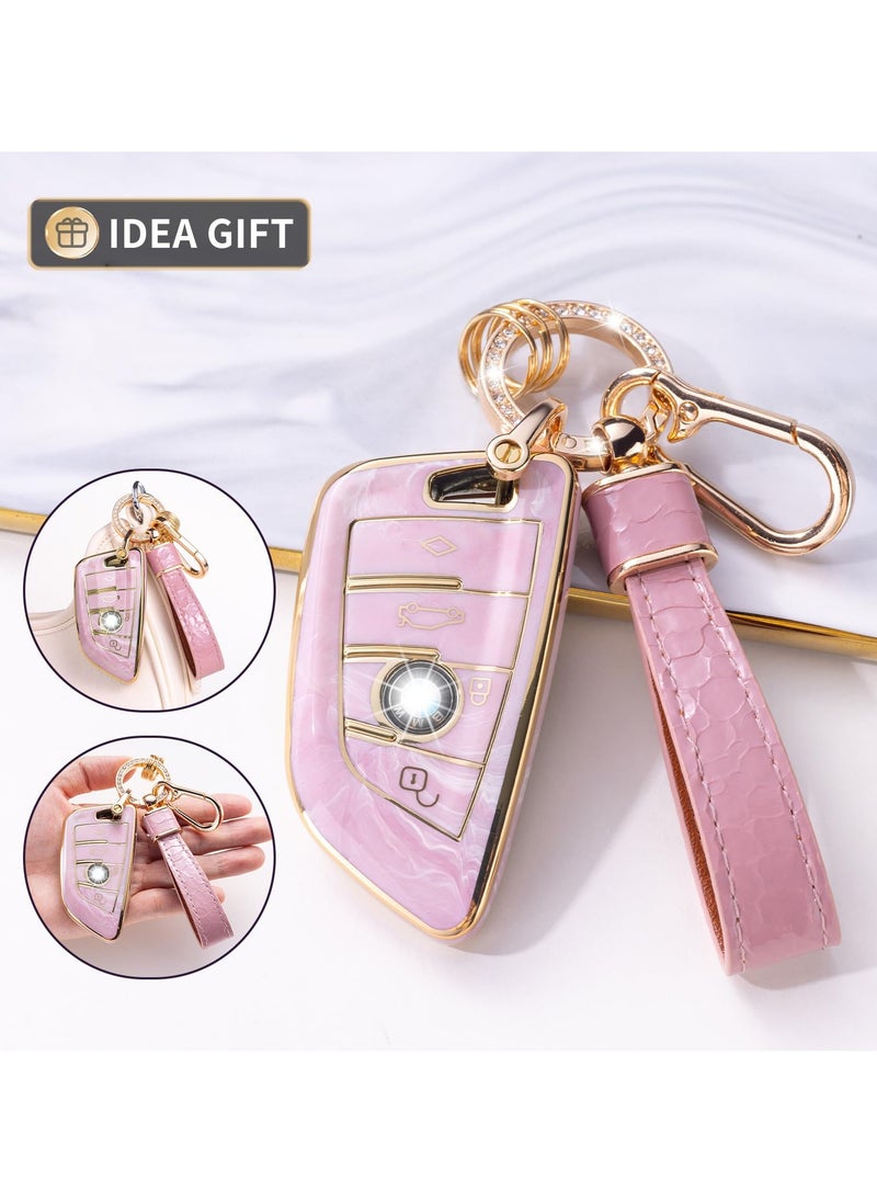 Cover for BMW Key Fob with Keychain Lanyard, Pink Protective Shell, Compatible with BMW 2, 3, 5, 6, 7, X1, X2, X3, X4, X5, X6 Series - Durable Key Protector Case