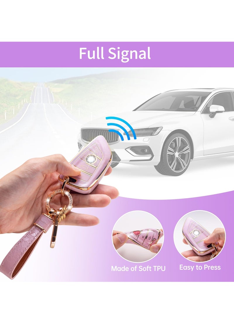 Cover for BMW Key Fob with Keychain Lanyard, Pink Protective Shell, Compatible with BMW 2, 3, 5, 6, 7, X1, X2, X3, X4, X5, X6 Series - Durable Key Protector Case