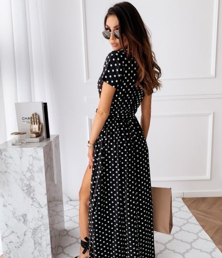 wish hot spot spot Europe and the United States summer short-sleeved V-neck polka dot print dress at a low price blue XL - Image 3