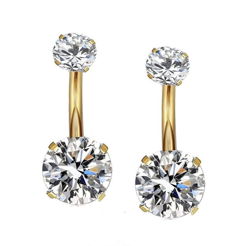 YHMM 14G Surgical Steel Gold Belly Button Rings, Internally Threaded 12mm Long Round CZ Navel Barbell Stud for Women Men (2 Pcs Clear, Gold) - Image 3