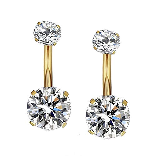 YHMM 14G Surgical Steel Gold Belly Button Rings, Internally Threaded 12mm Long Round CZ Navel Barbell Stud for Women Men (2 Pcs Clear, Gold) - Image 1