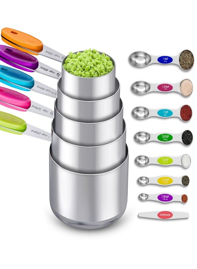 TopFeel 13-Piece Measuring Cups and Magnetic Spoons Set, 5 Stainless Steel Measuring Cups, 7 Double-Sided Magnetic Measuring Spoons & 1 Leveler for Cooking and Baking (5+7+1) - Image 1