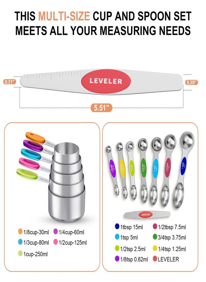 TopFeel 13-Piece Measuring Cups and Magnetic Spoons Set, 5 Stainless Steel Measuring Cups, 7 Double-Sided Magnetic Measuring Spoons & 1 Leveler for Cooking and Baking (5+7+1) - Image 2