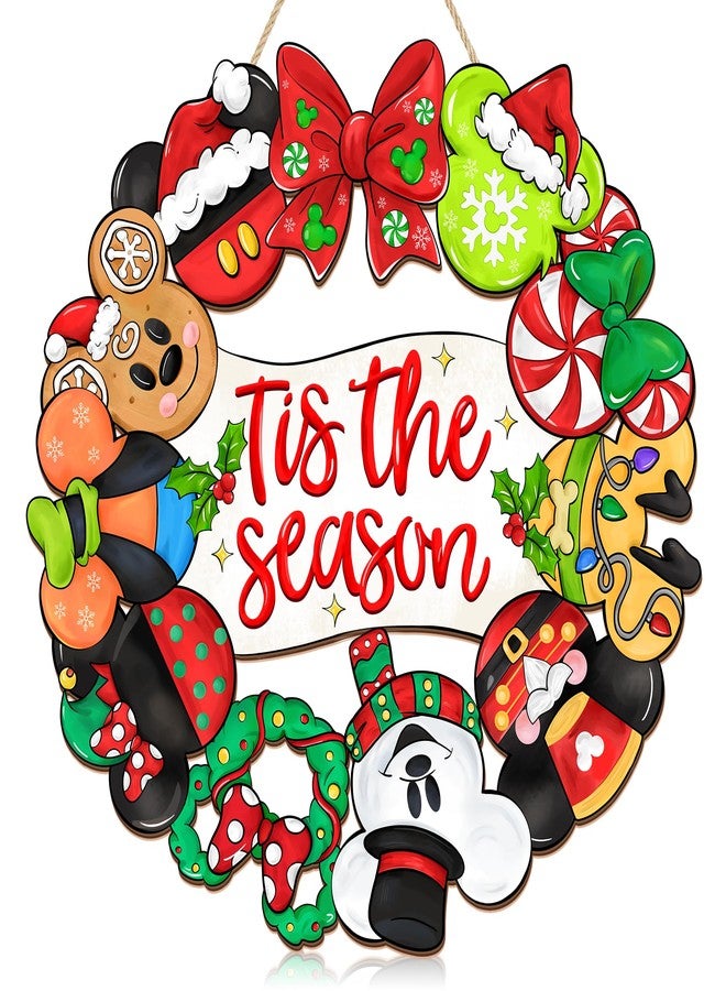 CIOEY Christmas Mouse Door Sign Decorations, Tis the Season Welcome Wreath for Front Door Hanger Decor, Mouse Shaped Hanging Door Sign，Wooden Ornament for Home Wall Farmhouse Porch Holiday Xmas Tree Party - Image 1