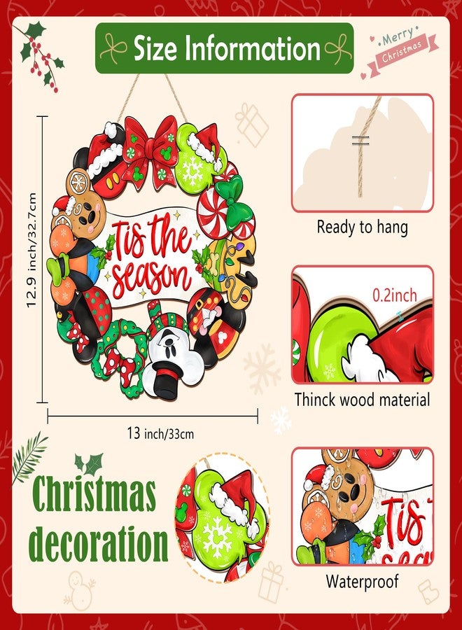 CIOEY Christmas Mouse Door Sign Decorations, Tis the Season Welcome Wreath for Front Door Hanger Decor, Mouse Shaped Hanging Door Sign，Wooden Ornament for Home Wall Farmhouse Porch Holiday Xmas Tree Party - Image 2