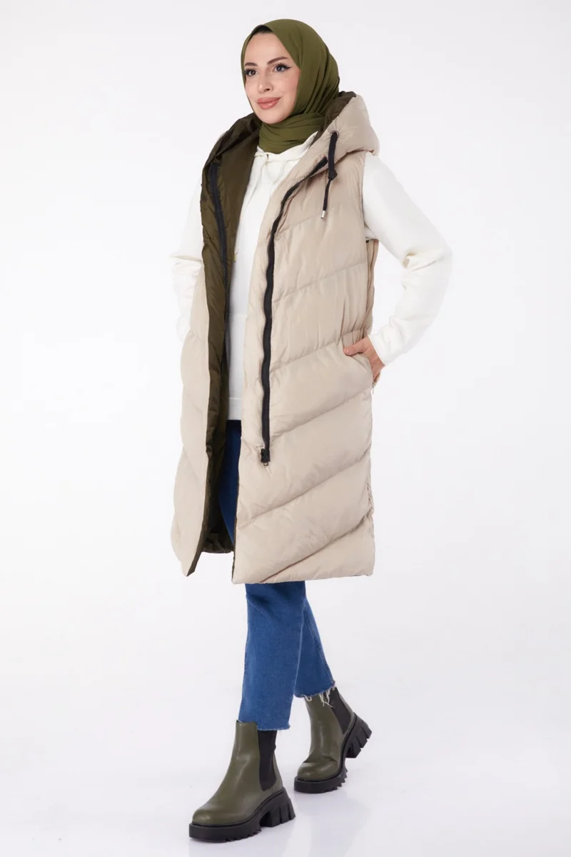 Tofisa Plain Hooded Collar Women's Beige Khaki Double-Sided Wearable Puffer Vest - 26412