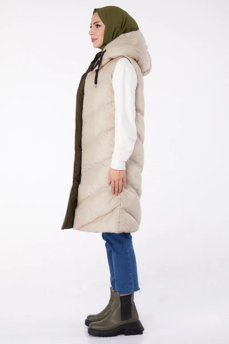 Tofisa Plain Hooded Collar Women's Beige Khaki Double-Sided Wearable Puffer Vest - 26412
