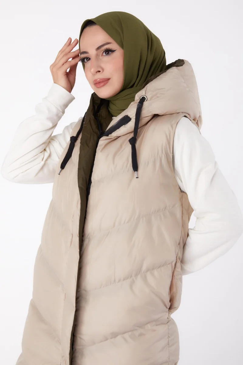 Tofisa Plain Hooded Collar Women's Beige Khaki Double-Sided Wearable Puffer Vest - 26412