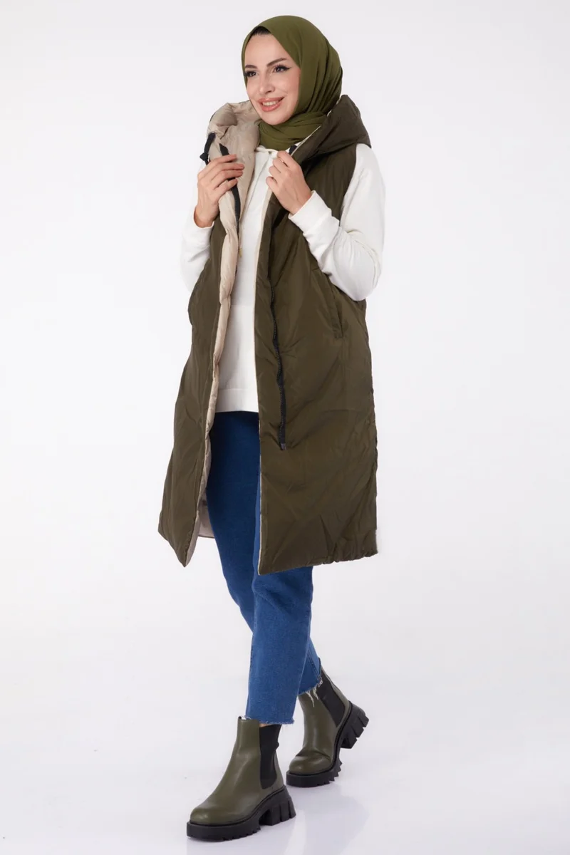 Tofisa Plain Hooded Collar Women's Beige Khaki Double-Sided Wearable Puffer Vest - 26412