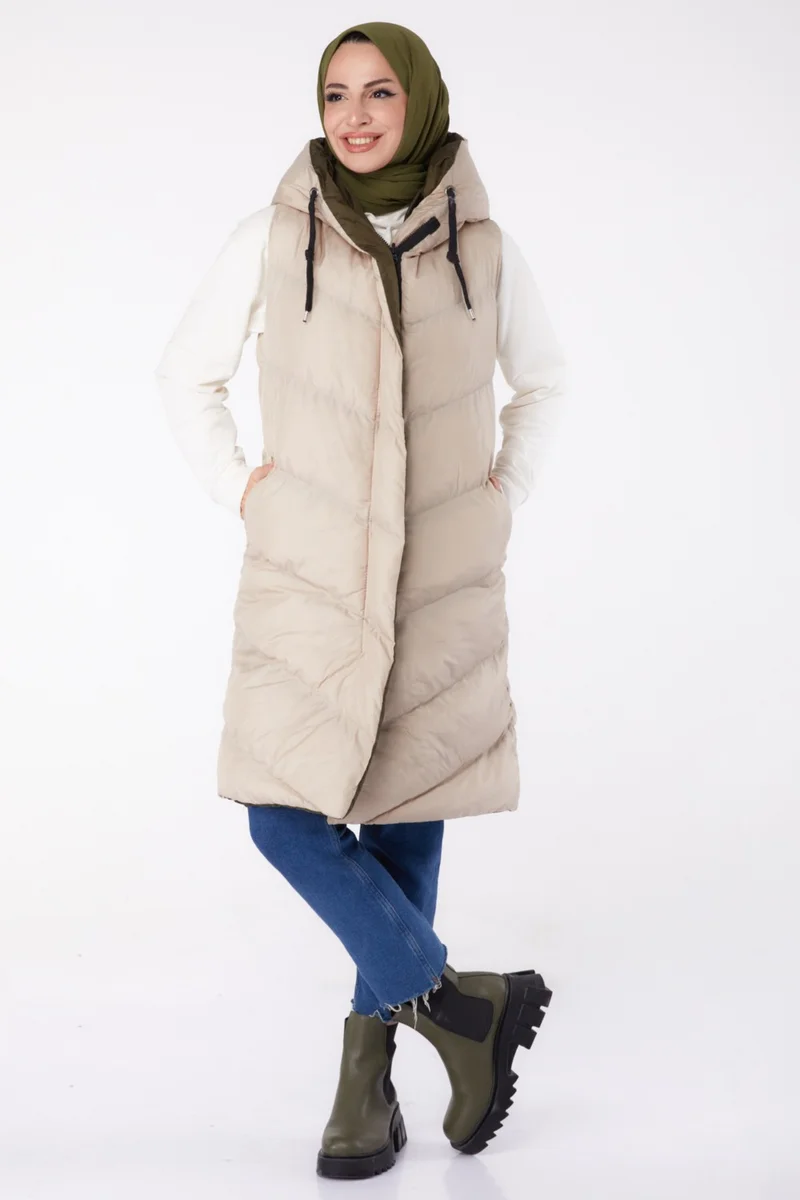 Tofisa Plain Hooded Collar Women's Beige Khaki Double-Sided Wearable Puffer Vest - 26412
