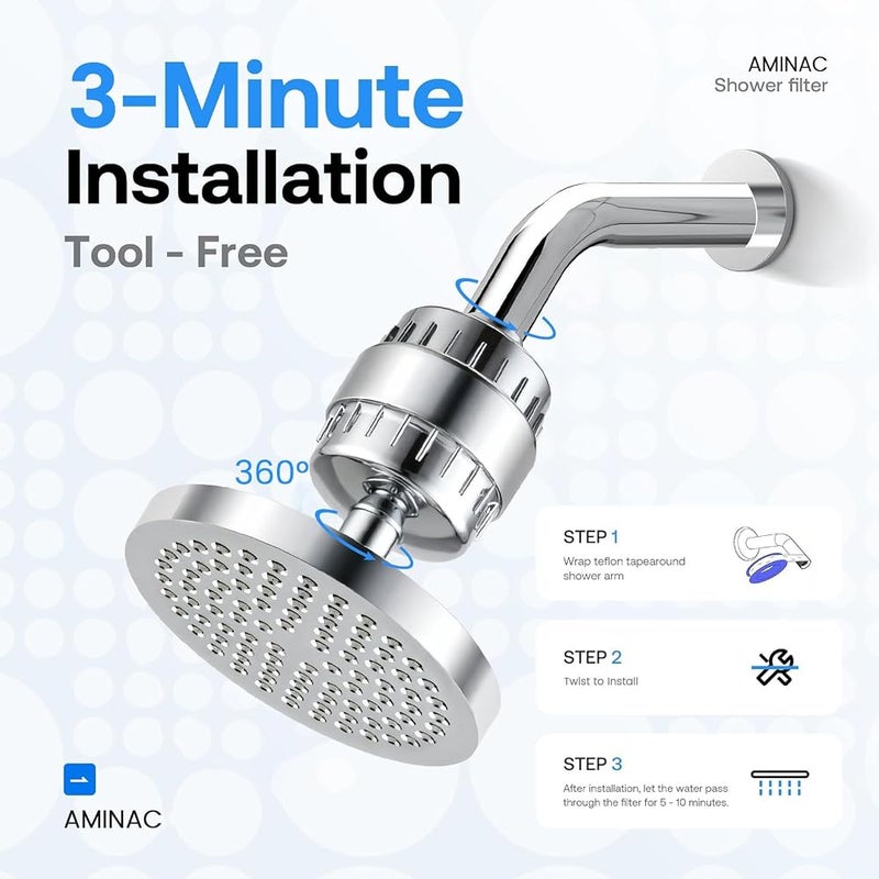 AMINAC Filtered Shower Head and 20-Stage Shower Filter Combo, with 5 Powerful Spray Modes, 360° Adjustable Showerhead for Hard Water, Removes Chlorine and Heavy Metals, Chrome Finish - Image 3