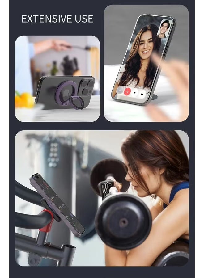 Smartphone holder with a magnetic ring for MagSafe Dual-Side Magnetic technology. It serves as a removable gym phone grip with a kickstand, compatible with iPhone 16/15/14/13/12 series and magnetic car mounts - Image 4