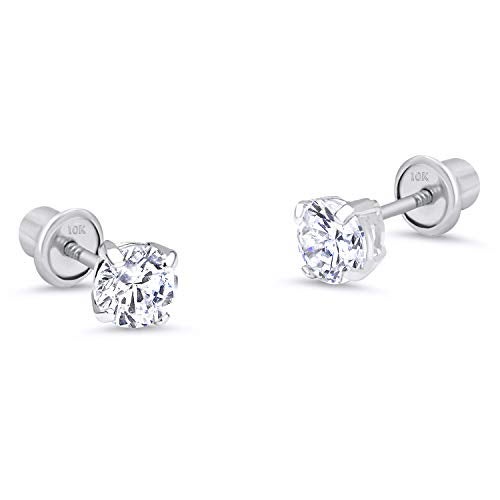 Lovearing 10k White Gold 4mm Basket Round CZ Cubic Zirconia Solitaire Children Screw Back Baby Girls Earrings - Image 1