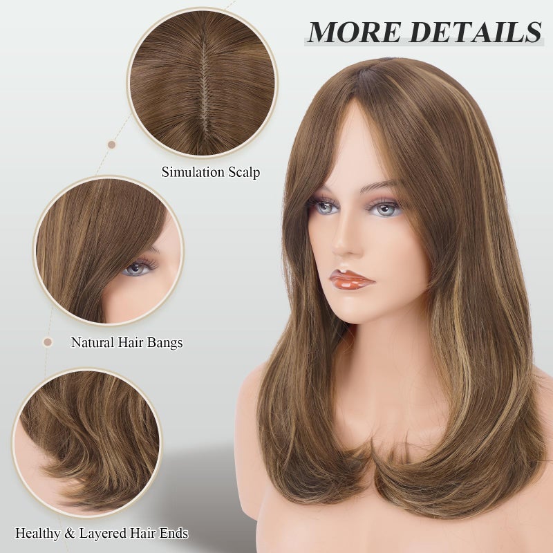 FESHFEN Wigs with Bangs for Women, Synthetic Natural Looking Long Layered Straight Hair Wig for Women Daily Party Use, 18 inch Brown Mixed Blonde - Image 4