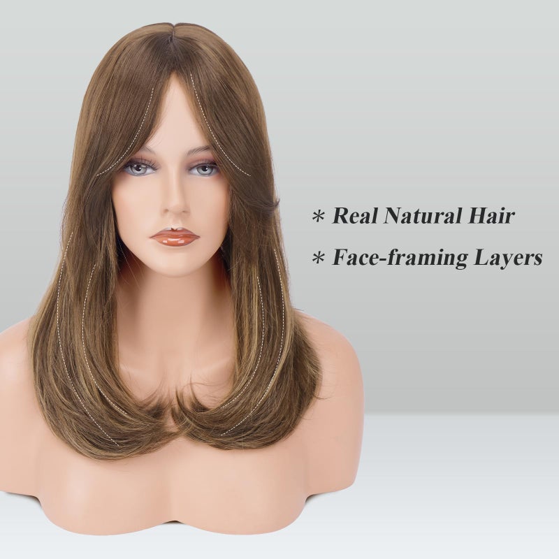 FESHFEN Wigs with Bangs for Women, Synthetic Natural Looking Long Layered Straight Hair Wig for Women Daily Party Use, 18 inch Brown Mixed Blonde - Image 2