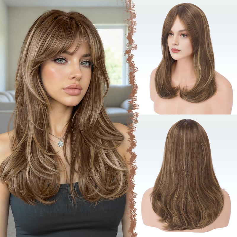 FESHFEN Wigs with Bangs for Women, Synthetic Natural Looking Long Layered Straight Hair Wig for Women Daily Party Use, 18 inch Brown Mixed Blonde - Image 1