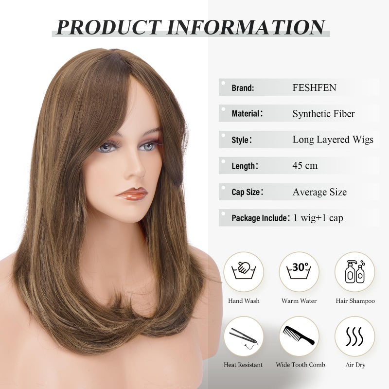 FESHFEN Wigs with Bangs for Women, Synthetic Natural Looking Long Layered Straight Hair Wig for Women Daily Party Use, 18 inch Brown Mixed Blonde - Image 5