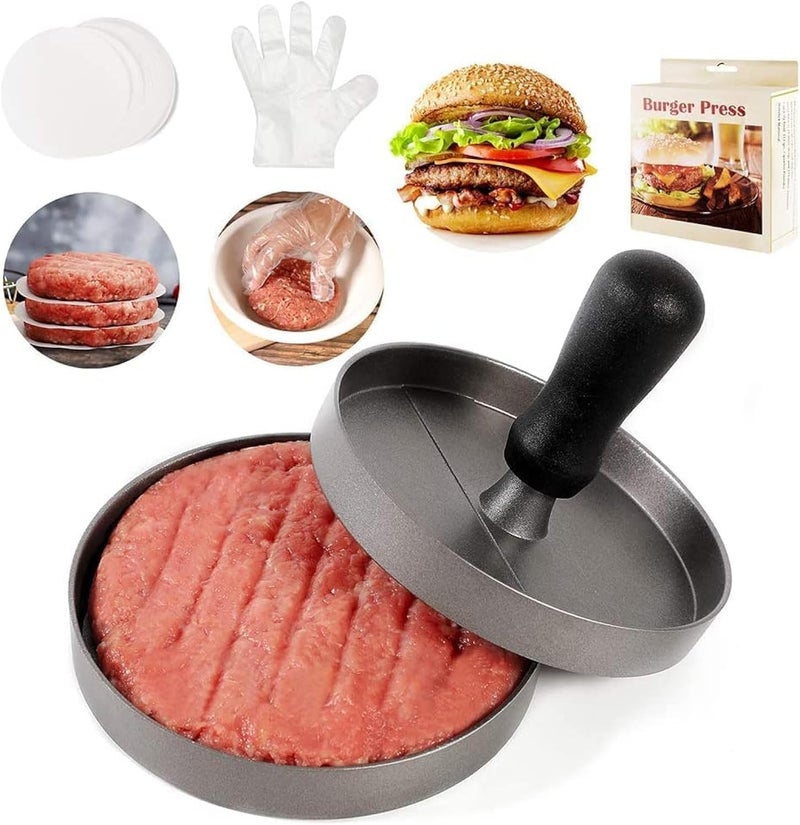 BUDOBEG BUDOBEG Hamburger Press Patty Maker for 14 to 12 Lb Aluminum NonStick Burger Press with Wax Paper Plastic Gloves and Spatula 45 in Diameter