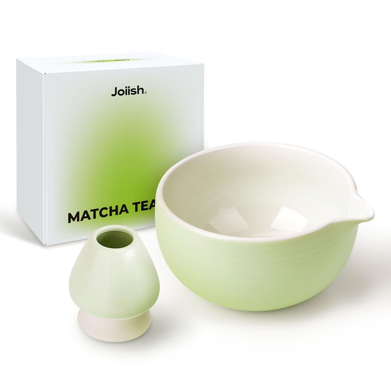 Joiish Matcha Bowl and Whisk Holder Set  Ceramic Tea Bowl and Whisk Stand  Matcha Tea Mixing Bowl with Spout (18 Ounce)  Whisk Rest  Light Green - Image 1
