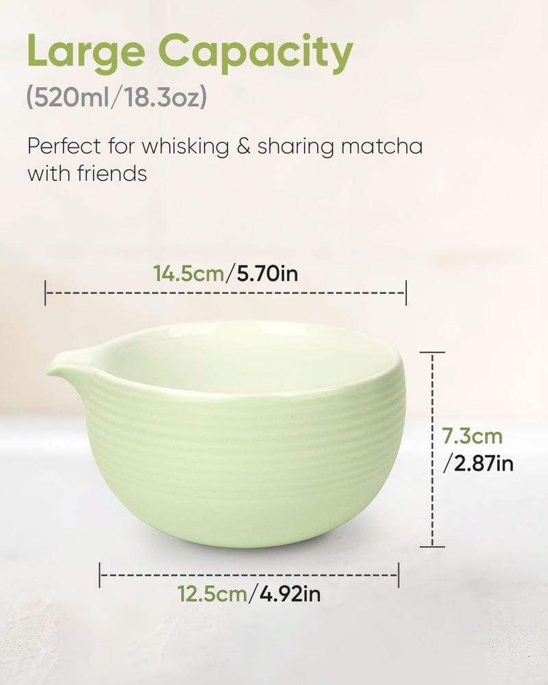 Joiish Matcha Bowl and Whisk Holder Set  Ceramic Tea Bowl and Whisk Stand  Matcha Tea Mixing Bowl with Spout (18 Ounce)  Whisk Rest  Light Green - Image 4