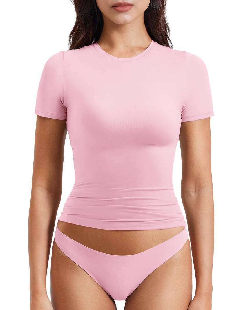 YEOREO Ease Women Fitted Workout Tops Short Sleeve Double Lined Basic Y2K Going Out Crew Neck Compression Crop Top Pink S - Image 2