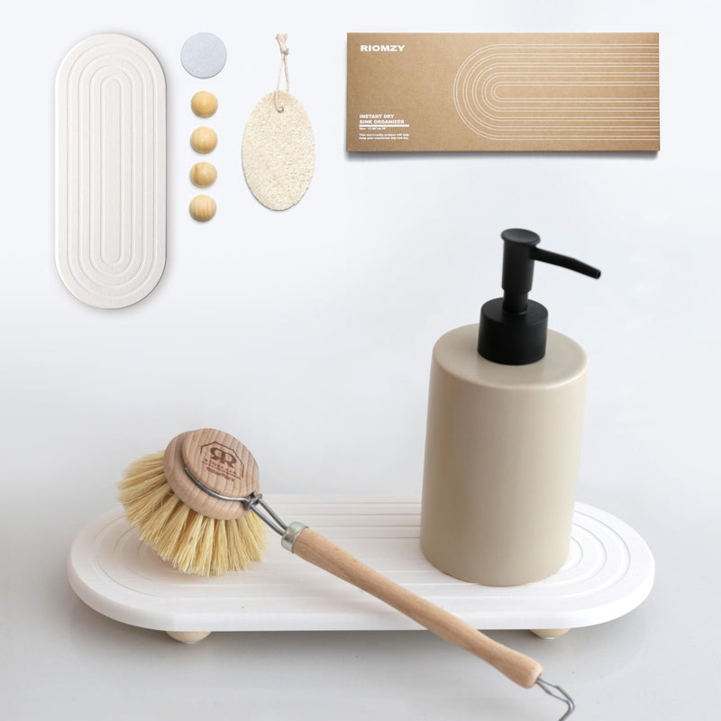 RIOMZY Instant Dry Sink Caddy Organizer â€“ Water Absorbing Stone Tray for Kitchen Bathroom Countertop, Fast Drying Sink Caddy (with Wooden Feet and Natural Loofah, White) - Image 1